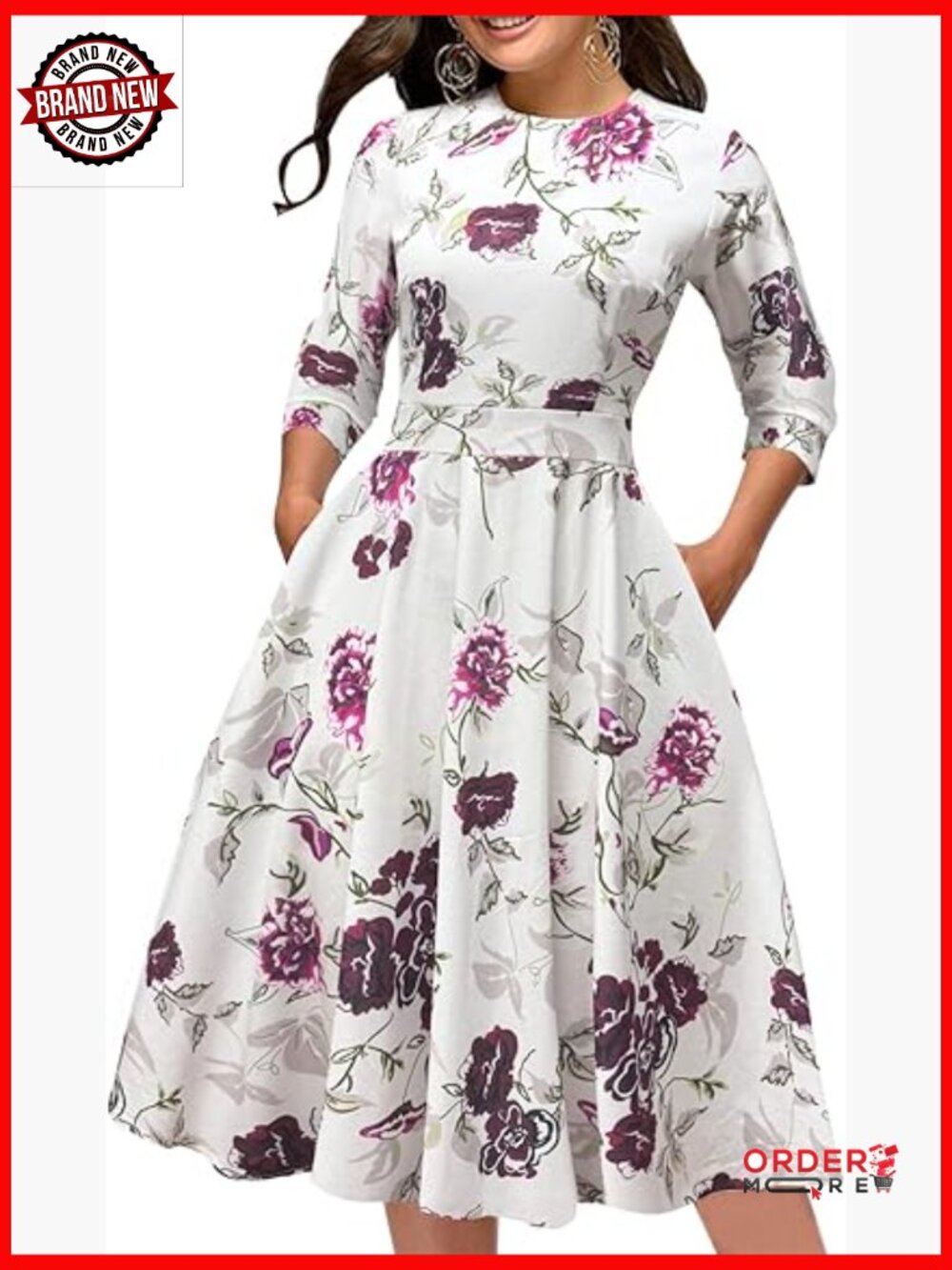 Elegant Floral Vintage Midi Dress with 3/4 Sleeves